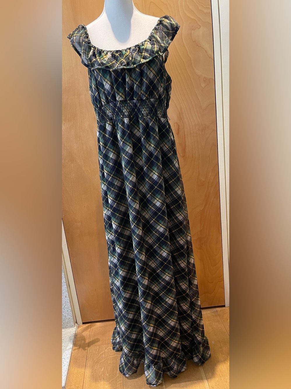 Plaid Maxi Dress with Ruffle Neckline Smocked Waist